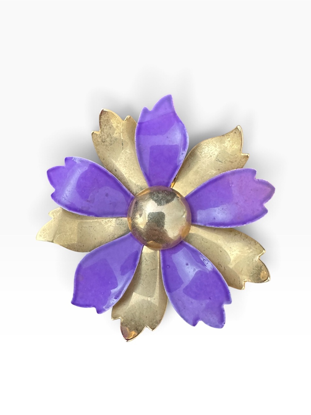 70s Vintage Flower Pin Purple Enamel Gold Tone Sculptural 3D Mod GoGo MCM 2”